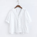 224-1325 Court wind embroidery V-neck threshold hollow shirt summer new thin cotton single-breasted jacket female  | Kitty Girl