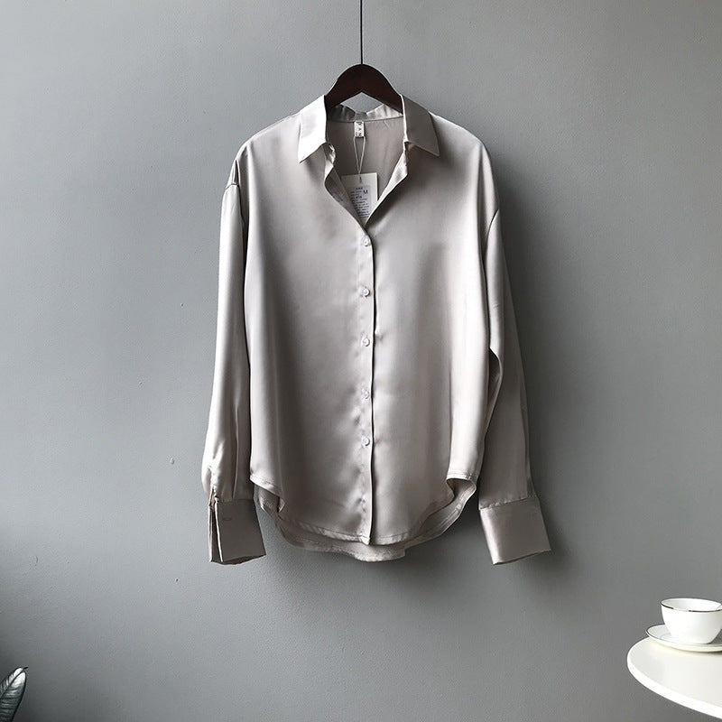 Word double shirt 2021 autumn new Korean version of the solid color temperament loose thin long sleeve lapel shirt female 0726