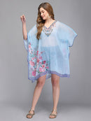 Floral Print Sky Blue Polyester Kaftan