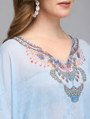 Floral Print Sky Blue Polyester Kaftan4