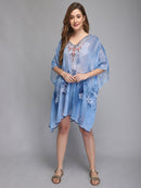 Skyblue Floral Printed Polyester Kaftan