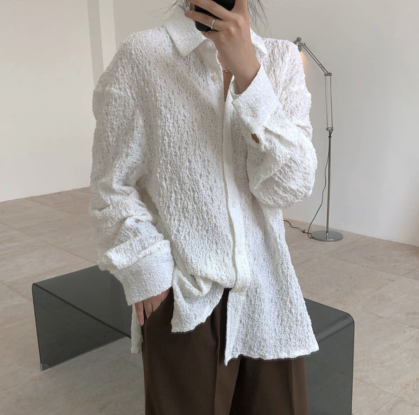 Spring new blogger temperament hipster pleats muscle lapel shirt loose thin fashion long sleeve shirt female