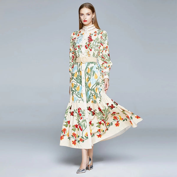 Autumn Runway Floral Print Maxi Dress