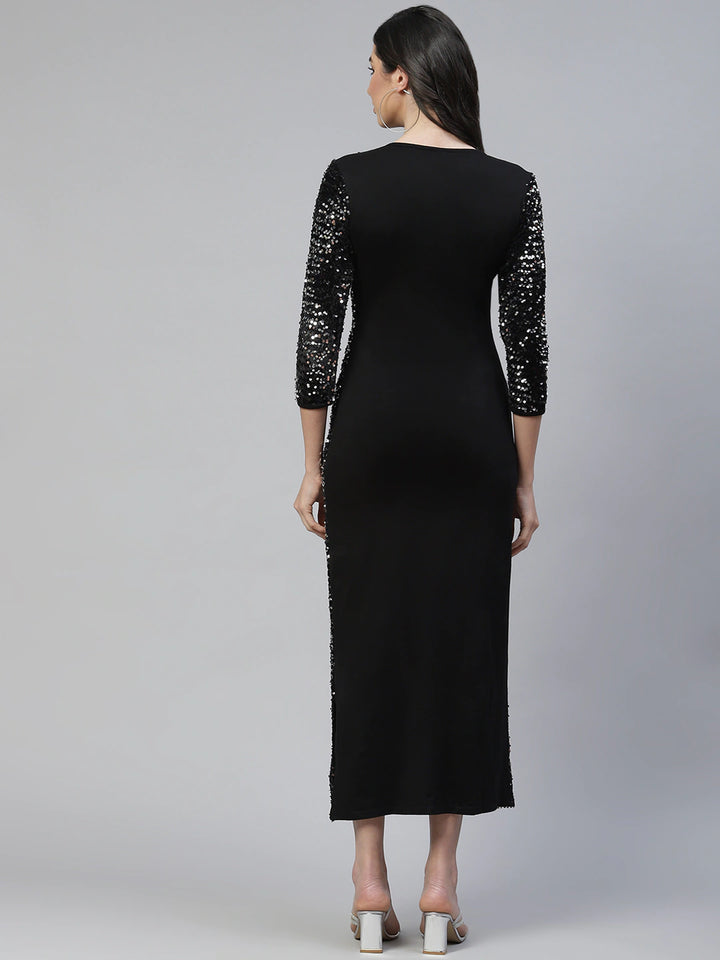 Black & Silver-Toned Sequined Sheath Midi Dress1