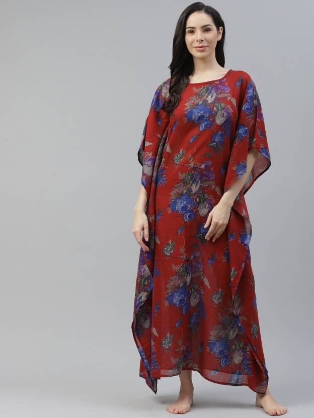 Maroon & Blue Printed Kimono Maxi Nightdress2