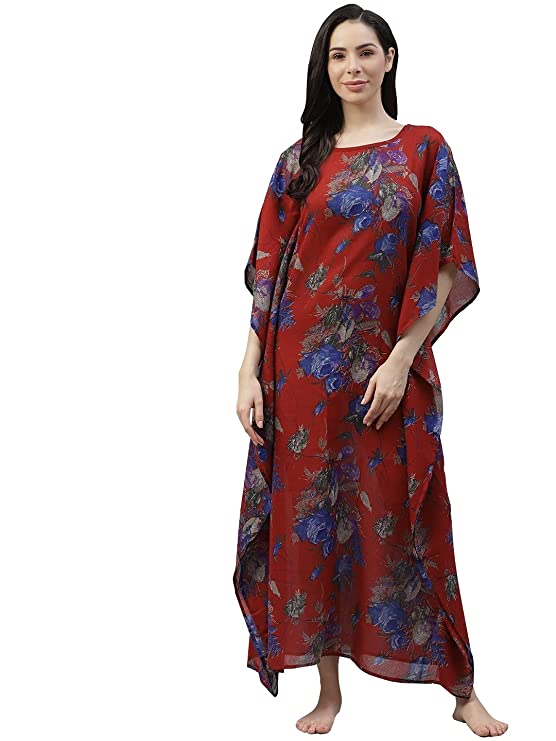 Maroon & Blue Printed Kimono Maxi Nightdress