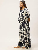 Navy Blue & Off-White Floral Print Kaftan Maxi Nightdress3