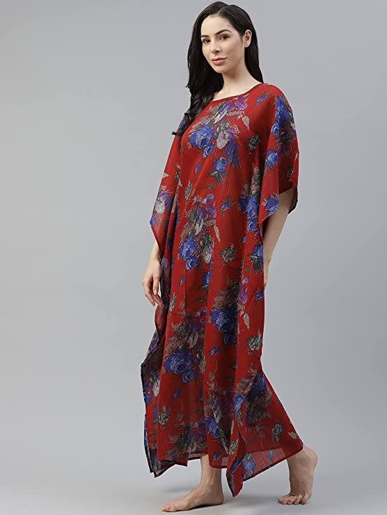 Maroon & Blue Printed Kimono Maxi Nightdress4