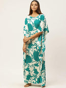 Green & Off-White Floral Print Kaftan Maxi Nightdress5