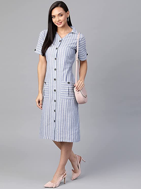 Women Blue & White Striped Pure Cotton Shirt Dress2