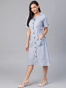 Women Blue & White Striped Pure Cotton Shirt Dress4