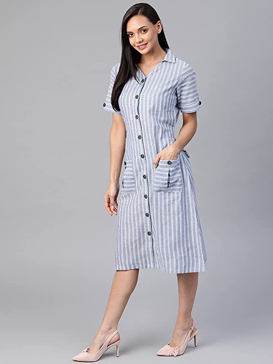 Women Blue & White Striped Pure Cotton Shirt Dress4