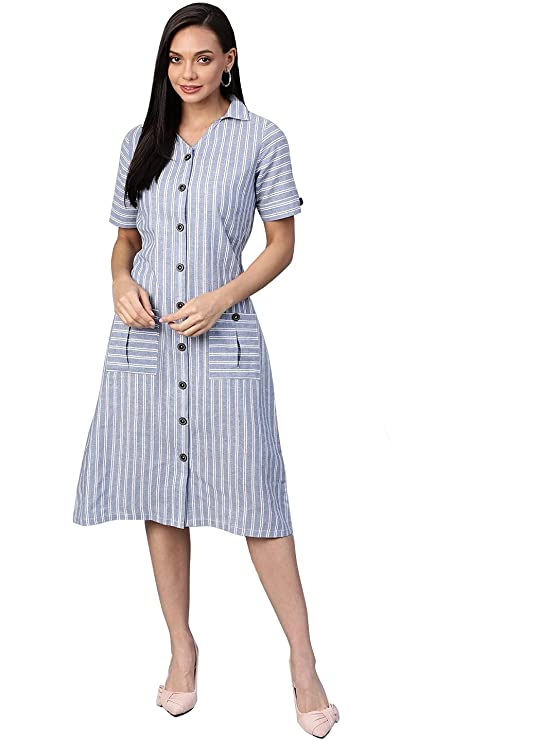 Women Blue & White Striped Pure Cotton Shirt Dress