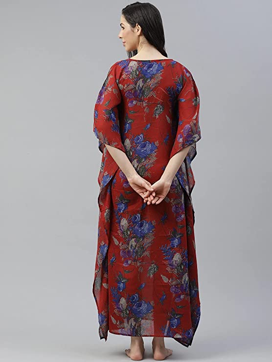 Maroon & Blue Printed Kimono Maxi Nightdress3