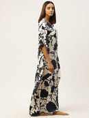 Navy Blue & Off-White Floral Print Kaftan Maxi Nightdress4