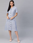 Women Blue & White Striped Pure Cotton Shirt Dress5