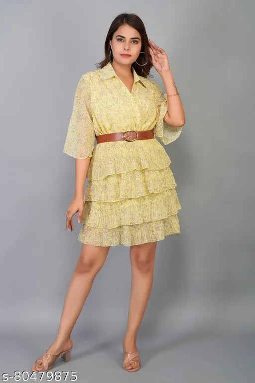 Trendy Floral Light Yellow Printed Pleated Dress