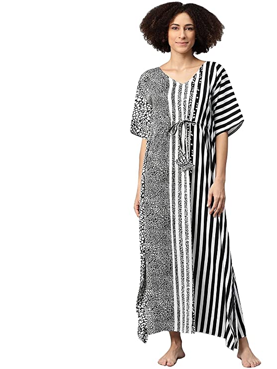 Women Black & White Striped Kaftan Maxi Nightdress