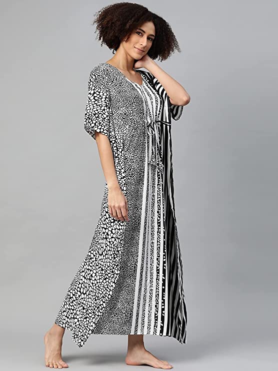 Women Black & White Striped Kaftan Maxi Nightdress4
