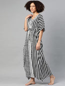 Women Black & White Striped Kaftan Maxi Nightdress3