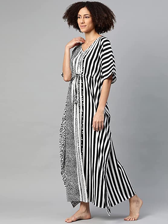 Women Black & White Striped Kaftan Maxi Nightdress3