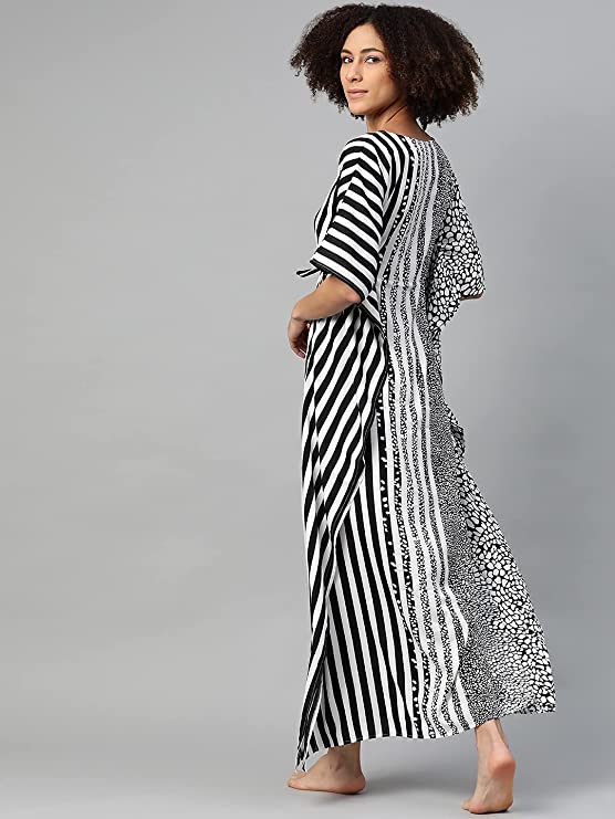 Women Black & White Striped Kaftan Maxi Nightdress2
