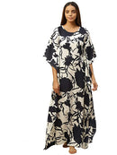 Navy Blue & Off-White Floral Print Kaftan Maxi Nightdress