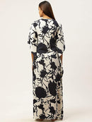 Navy Blue & Off-White Floral Print Kaftan Maxi Nightdress2