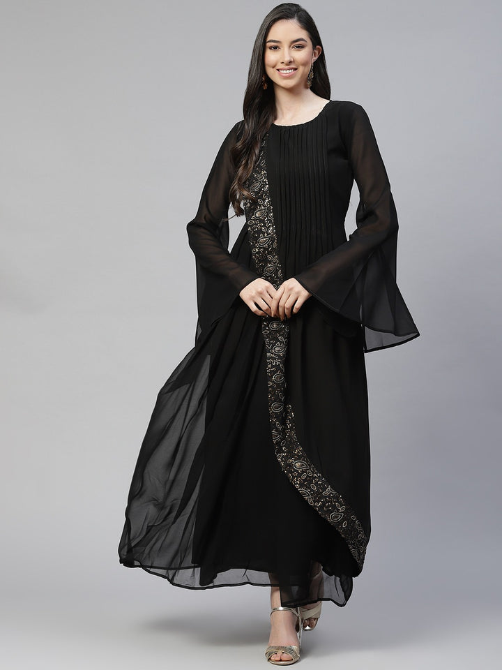 Black Ethnic Motifs Sequined A-Line Maxi Dress with Bell