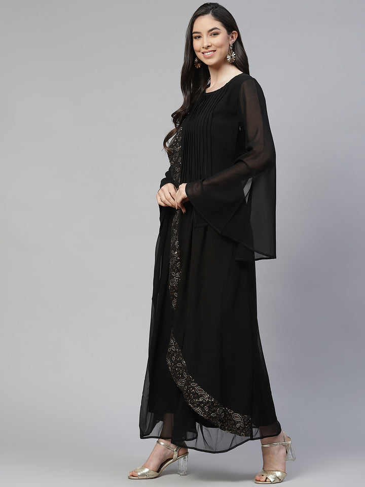 Black Ethnic Motifs Sequined A-Line Maxi Dress with Bell3