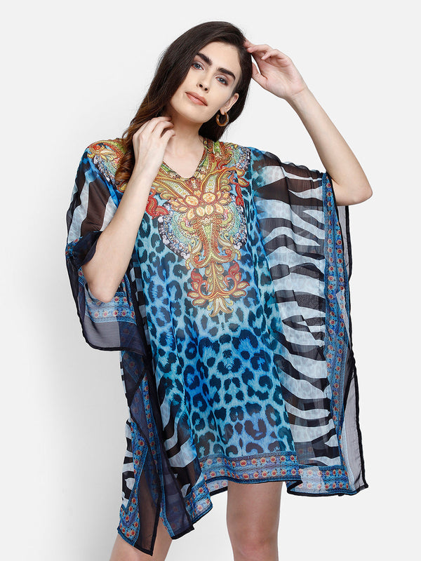 Blue Leopard Printed Polyester Kaftan