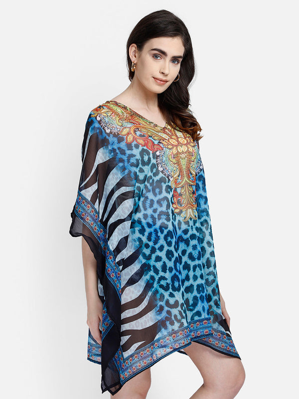 Blue Leopard Printed Polyester Kaftan1