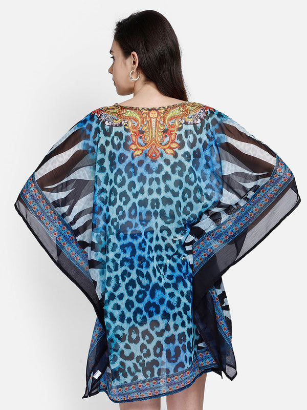Blue Leopard Printed Polyester Kaftan3
