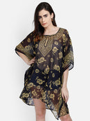 Golden Floral Printed Black Polyester Kaftan