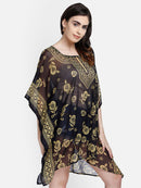 Golden Floral Printed Black Polyester Kaftan1