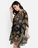 Golden Floral Printed Black Polyester Kaftan2