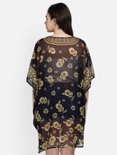 Golden Floral Printed Black Polyester Kaftan3