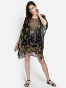 Golden Floral Printed Black Polyester Kaftan4