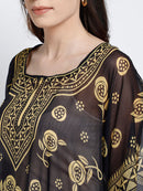 Golden Floral Printed Black Polyester Kaftan5