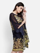 Golden Scroll Printed Black Polyester Kaftan1