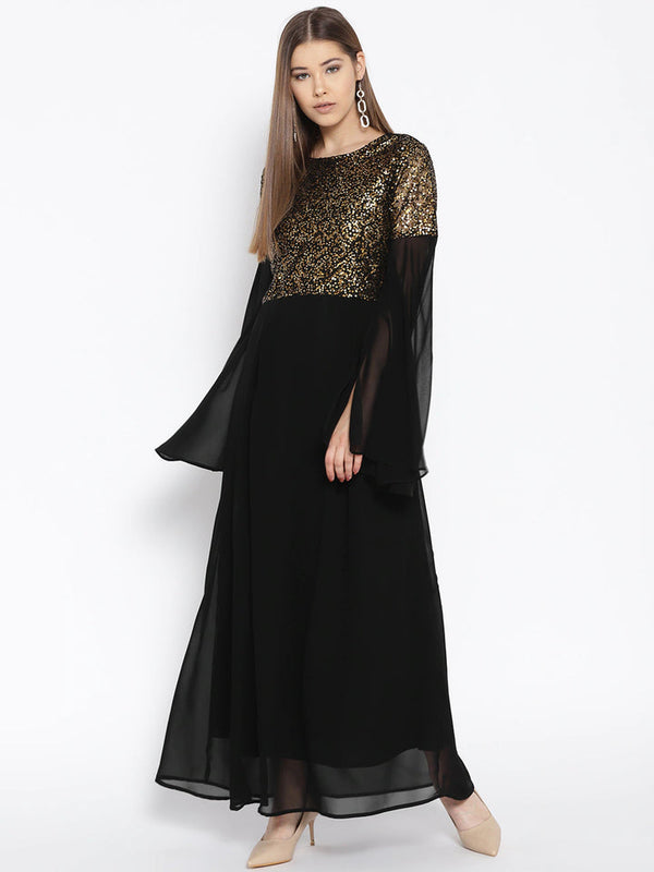 Black and Golden Sequined Maxi Dress