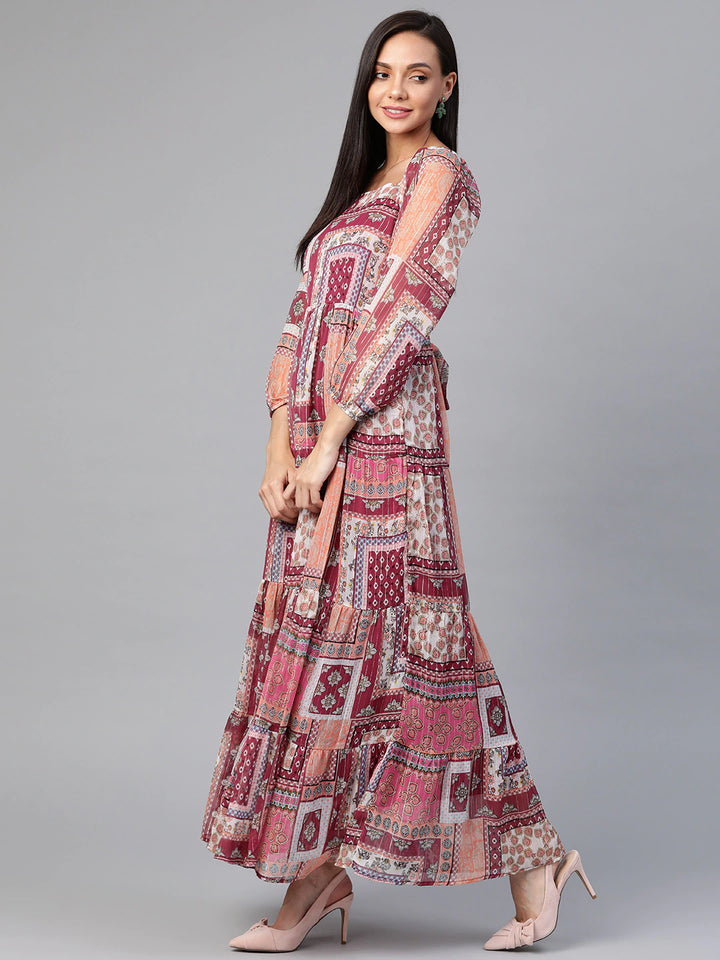 Pink & Peach-Coloured Ethnic Motifs Tiered Maxi Dress2