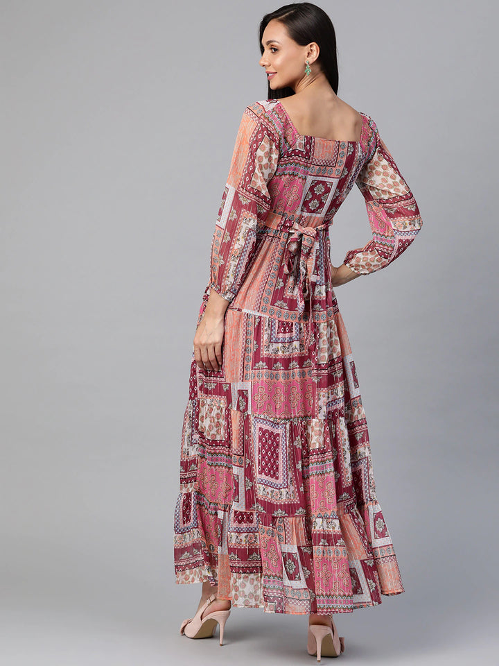 Pink & Peach-Coloured Ethnic Motifs Tiered Maxi Dress1