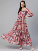 Pink & Peach-Coloured Ethnic Motifs Tiered Maxi Dress