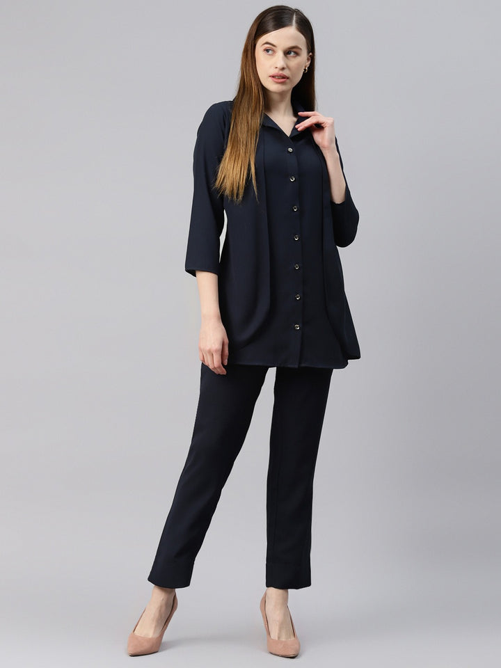 Women Navy Solid Blue T-Shirt With Trousers
