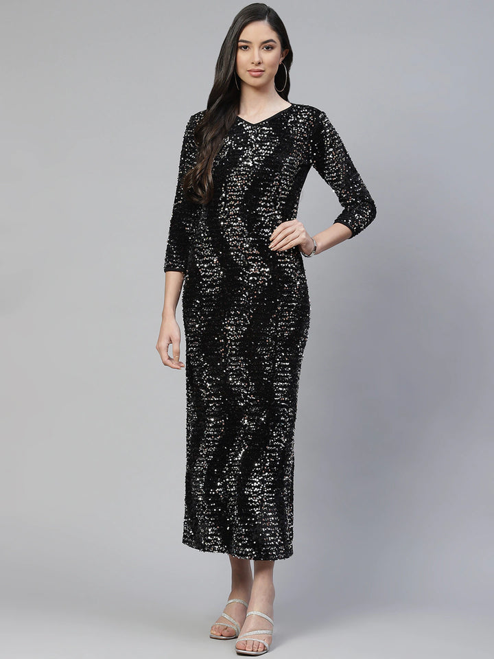 Black & Silver-Toned Sequined Sheath Midi Dress
