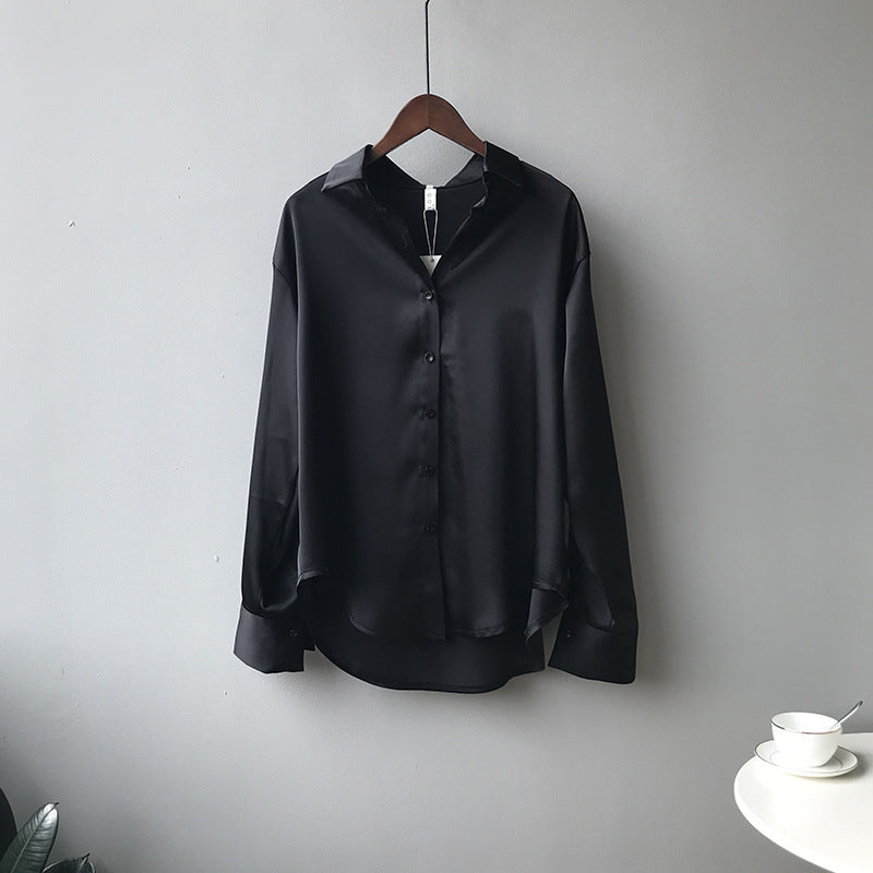 Word double shirt 2021 autumn new Korean version of the solid color temperament loose thin long sleeve lapel shirt female 0726