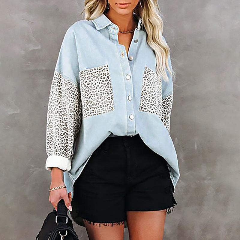 new shirt jacket women's long-sleeved pocket leopard print lapel cardigan top
