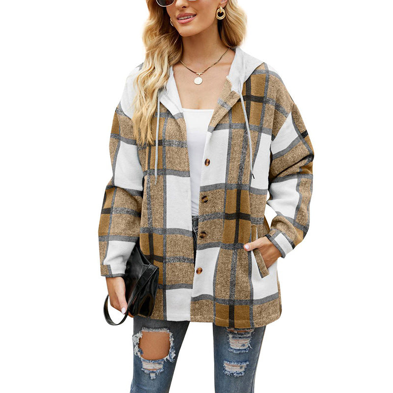 2022 women's autumn and winter new women's plaid jacket hooded casual loose shirt