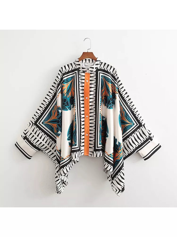 Full Printed Oversized  Cape Style Tops with Pants Set4